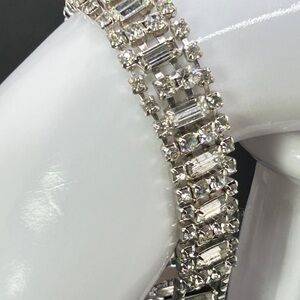 Vintage Silver Tone Crystal Tennis Bracelet, Box Clasp, Prong Set, 7.5in SPARKLE